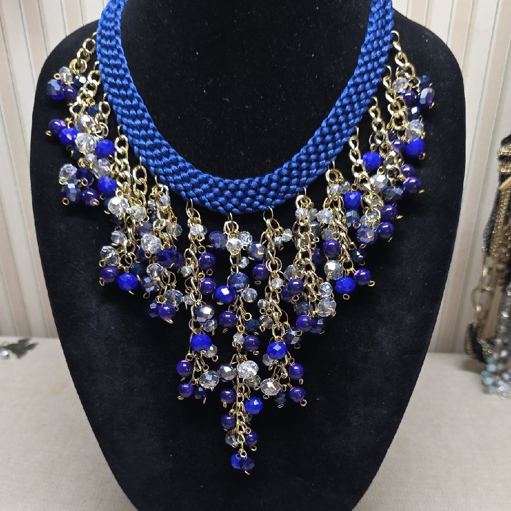 Blue And Clear Glass Beads With Goldtoned Accent Chain Statement Necklace